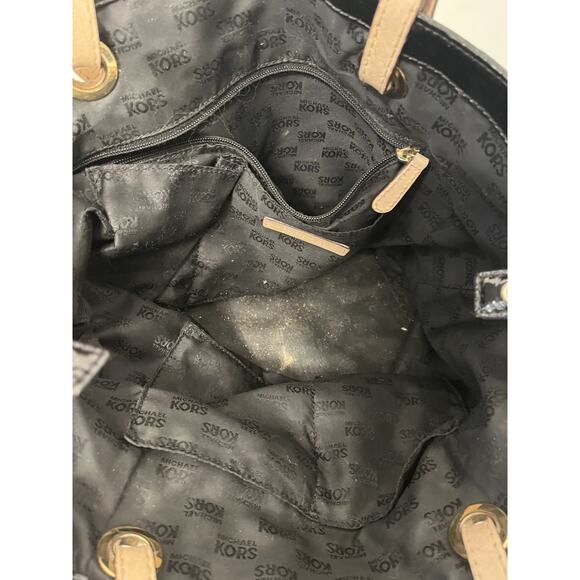 Michael Kors Black Patent Tote Shoulder Bag Logos, Tan Straps Casual Preppy - Picture 6 of 9